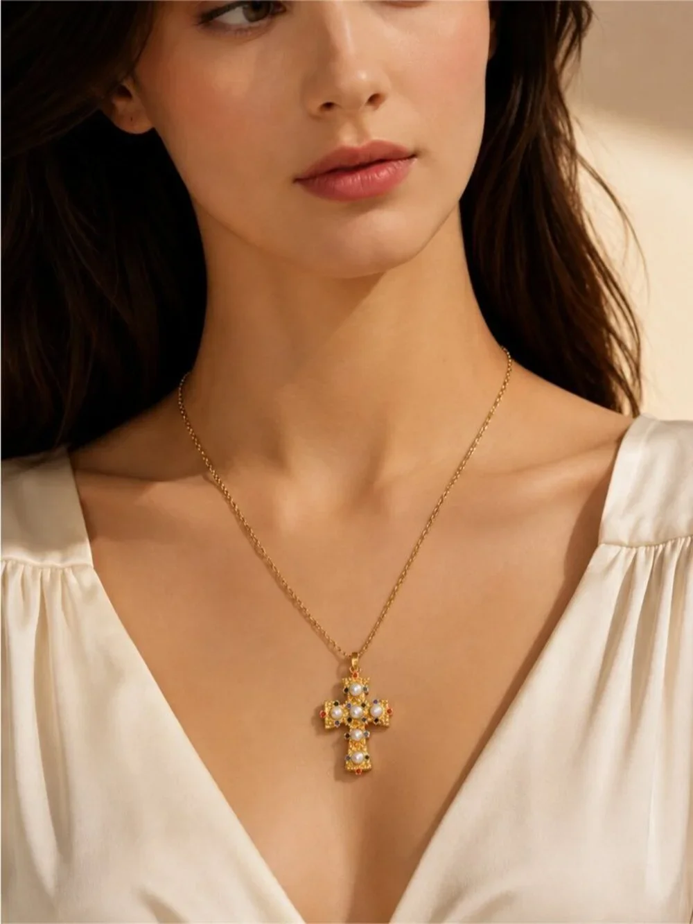 Vintage Gold tone Cross Pendant Necklace with Pearls & Multicolored Gems